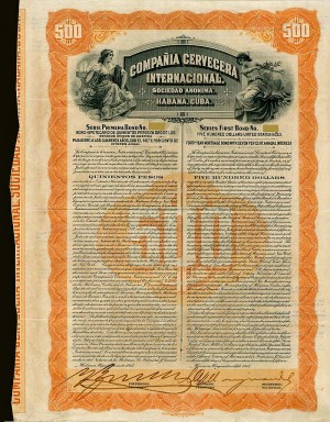 Compania Cervecera Internacional - 1915 dated $500 Cuba 7% Uncanceled Bond